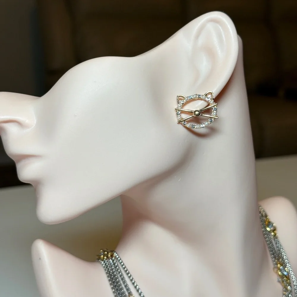 Gold Cat Face Crystal Stud Earrings - Women Jewelry
